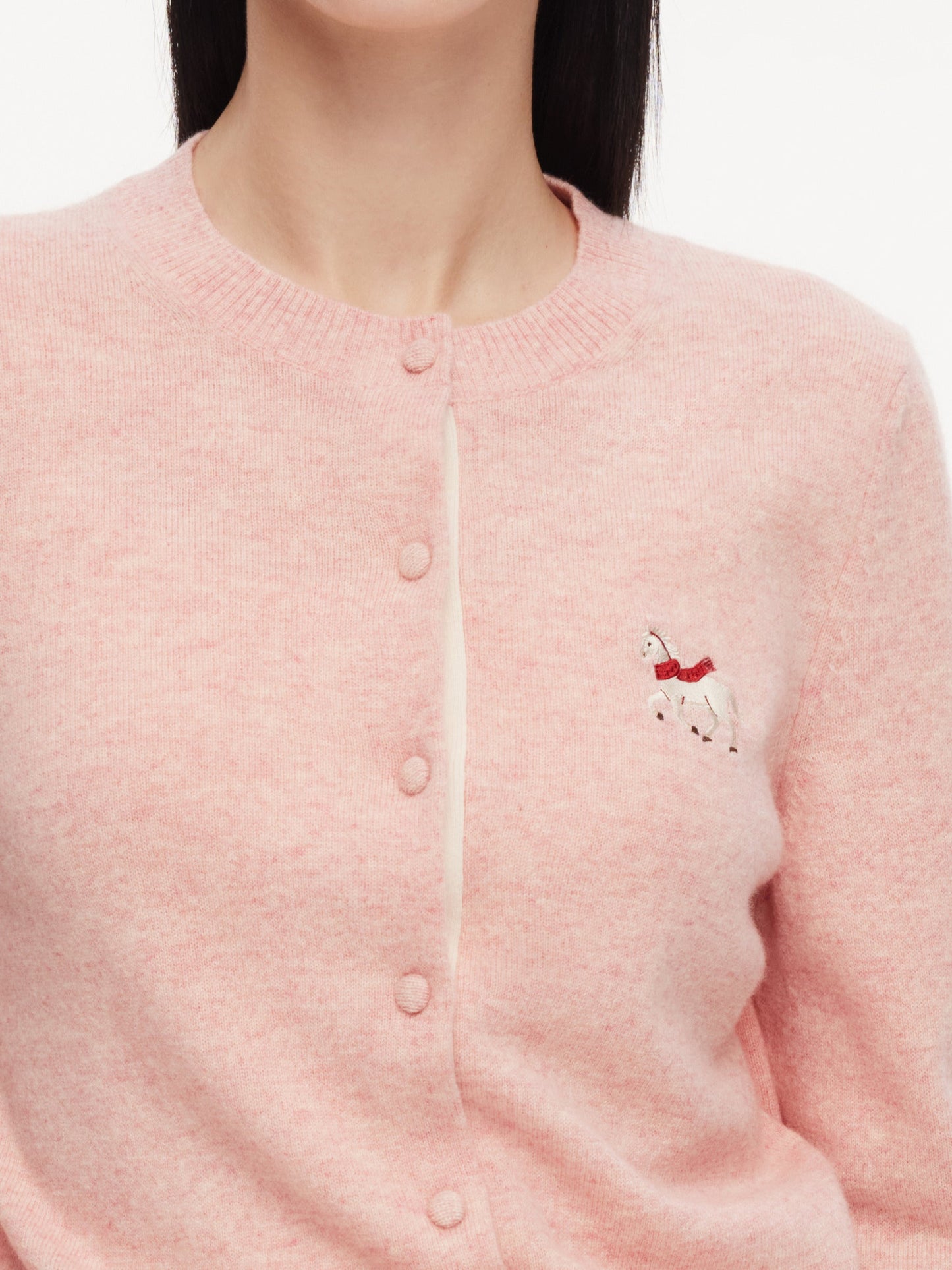 100% Wool Color Block Pony Embroidered Women Cardigan