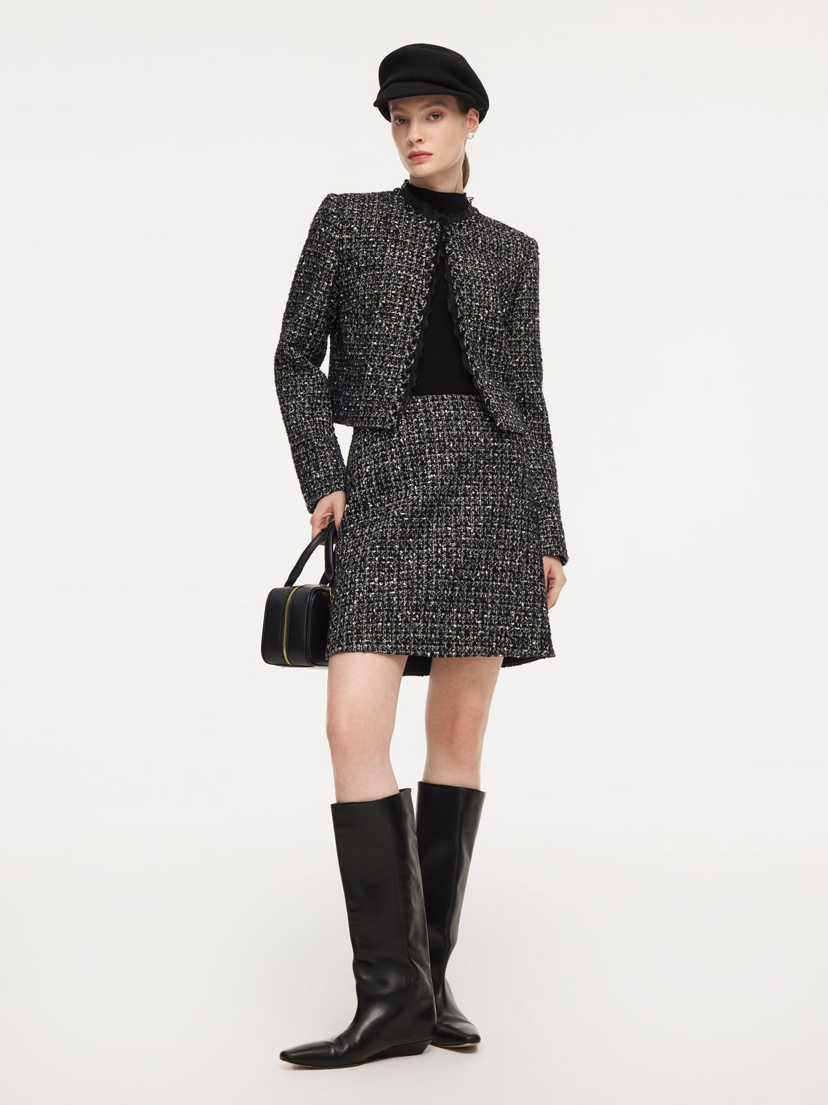 Wool Blend Tweed Cropped Jacket And Skirt Two-Piece Set