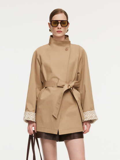 Cotton Stand Collar Lace Cuffs Women Self-Tie Belt Trench Coat