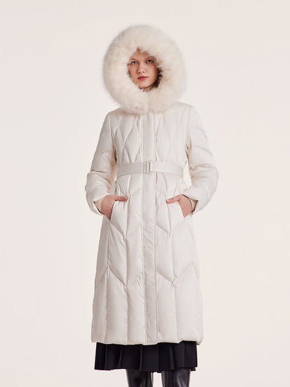 Gathered Waist Long Goose Down Garment With Faux-Fur Collar
