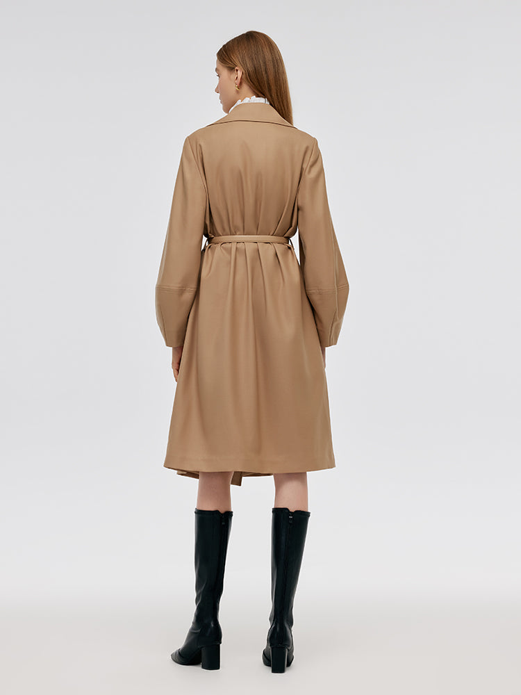 Worsted Wool Lantern Sleeve Women Trench Coat With Leather Belt