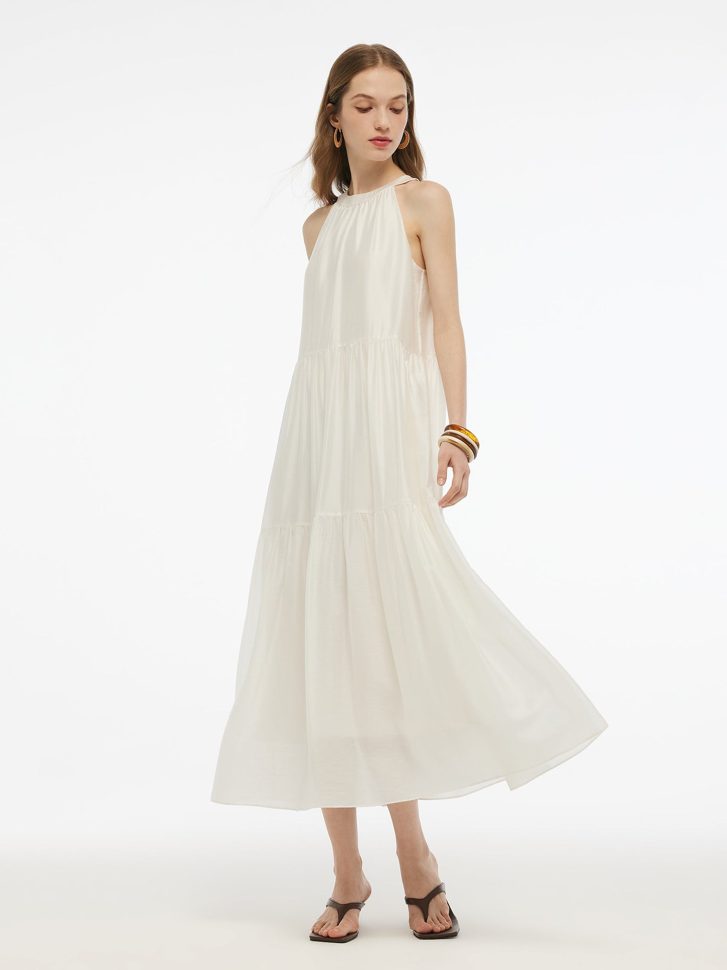 Tencel Blend Halter Maxi Dress With Detachable Flower