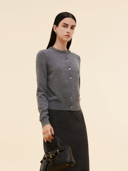 100% Wool Beaded Round Neck Women Cardigan