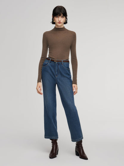 100% Cotton Denim Fleece Lined Women Straight Ankle Length Jeans