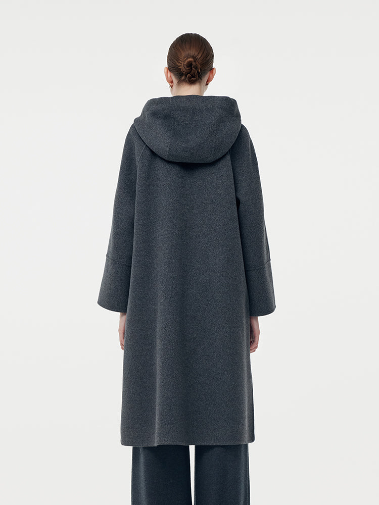 100% Wool Double-Faced Hooded Zip-Up Women Overcoat