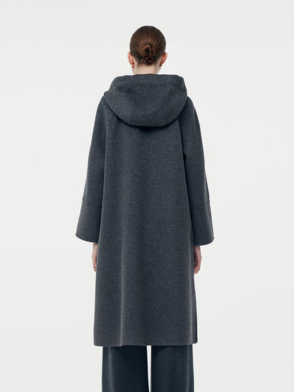 100% Wool Double-Faced Hooded Zip-Up Women Overcoat