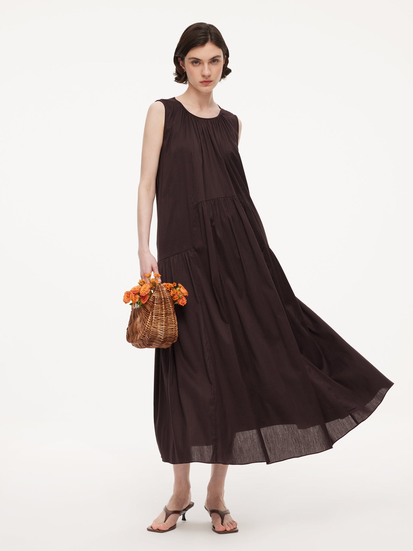 Cotton Blend A-line Women Sleeveless Maxi Dress With Self-Tie Belt