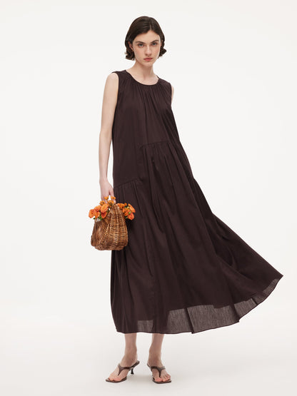 Cotton Blend A-line Women Sleeveless Maxi Dress With Self-Tie Belt