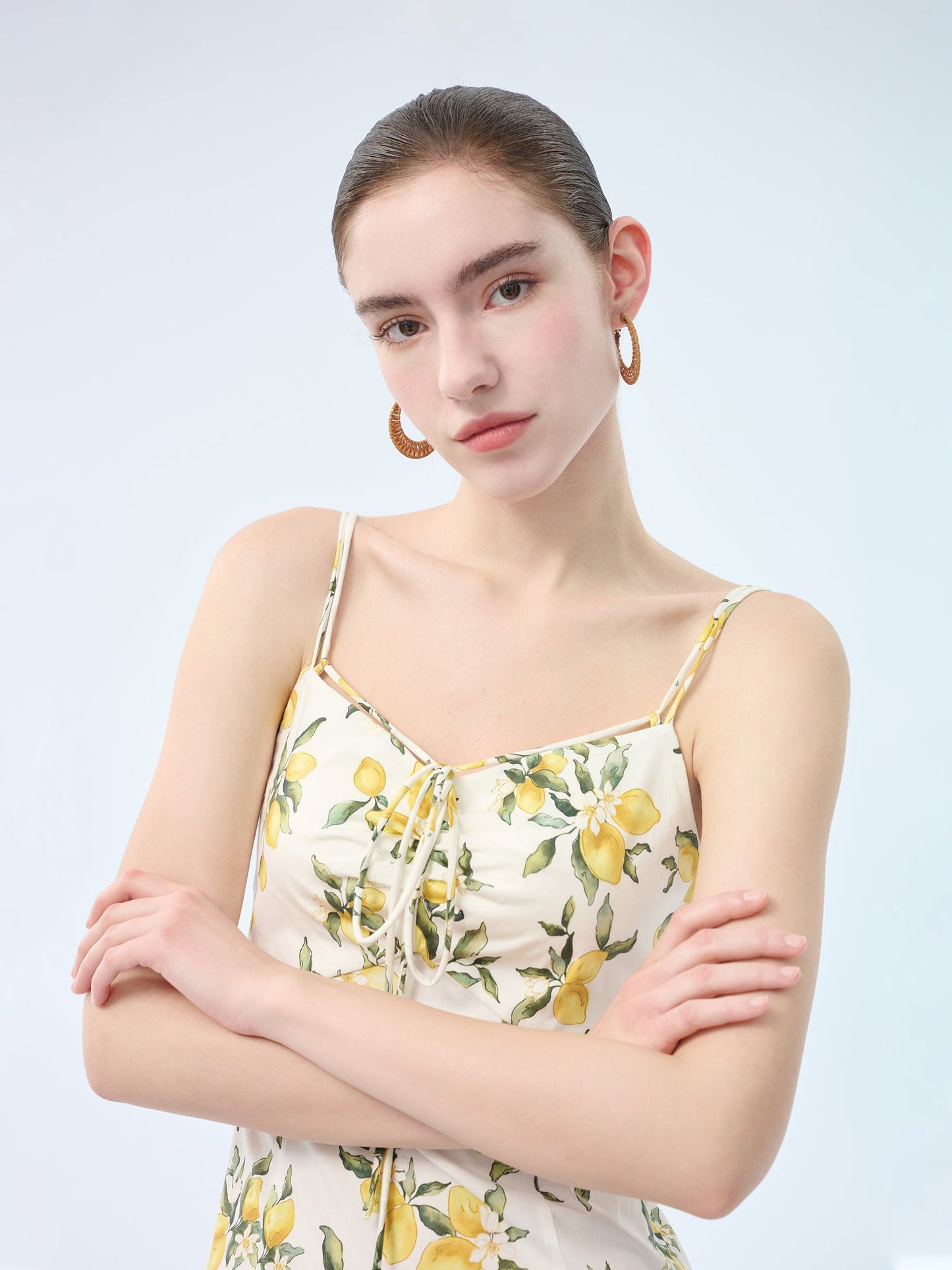 Cotton Lemon Print Strap Dress And Cardigan Two-Piece Set