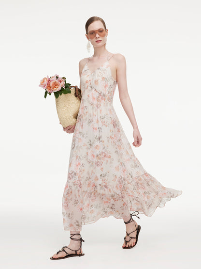 10MM Mulberry Silk Floral Print Women Strap Maxi Dress