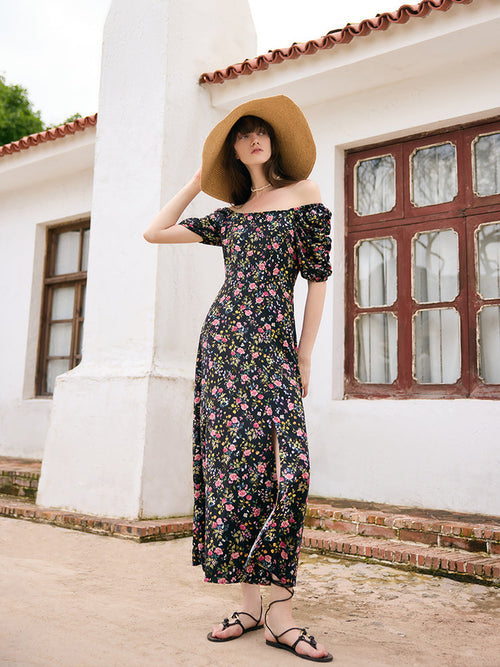 Mulberry Silk Rose Print Women Maxi Dress