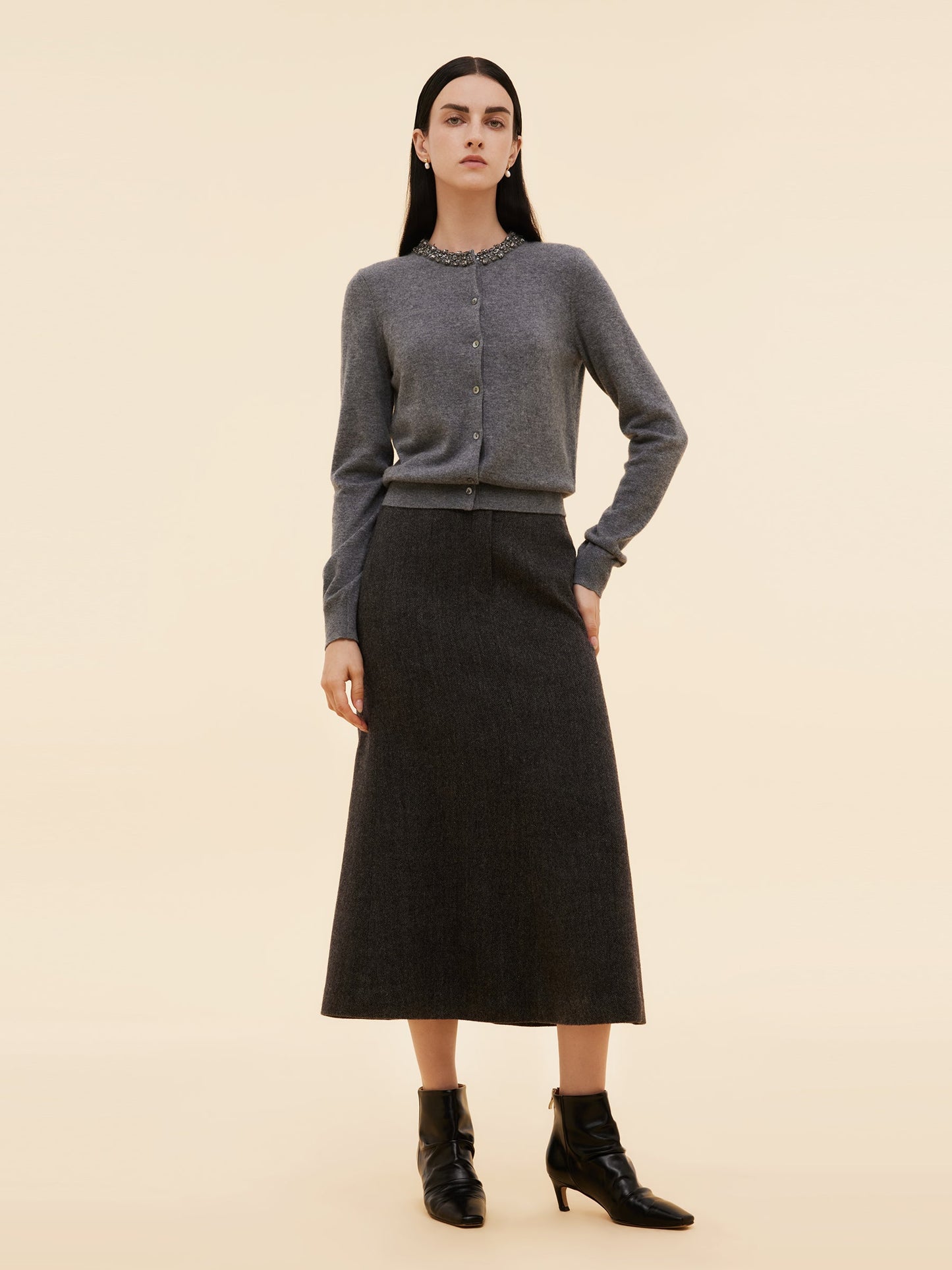 100% Wool Beaded Round Neck Women Cardigan