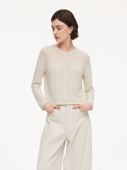 Acetate Cotton Blend Gradient Jacquard Women Openwork Cardigan