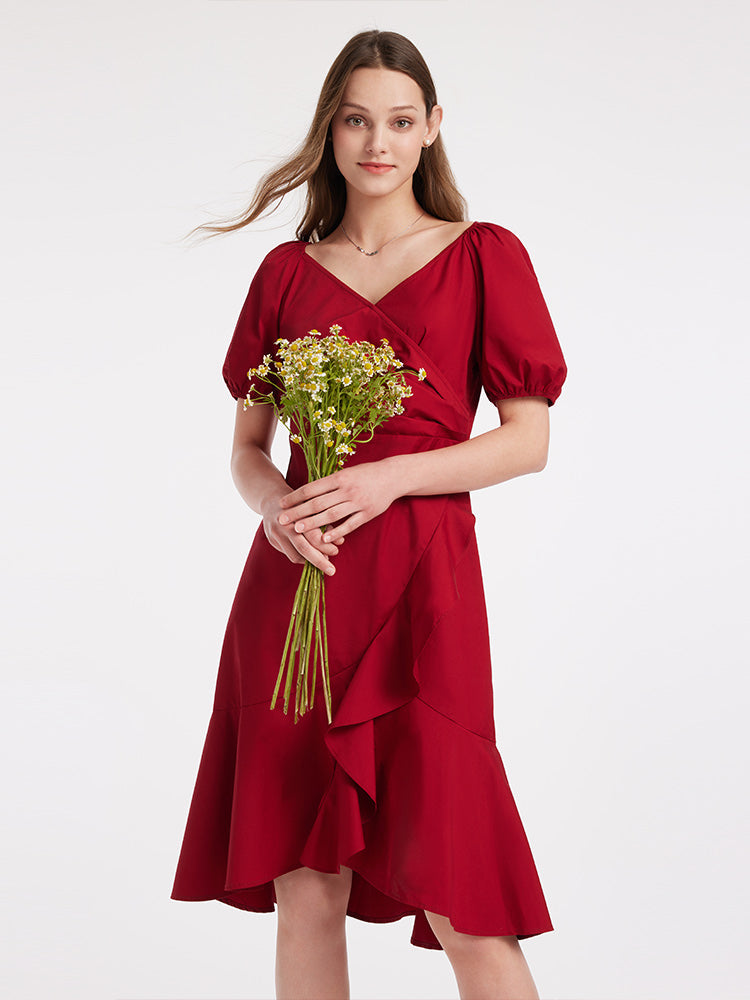 V-Neck Ruffle Cotton Midi Dress