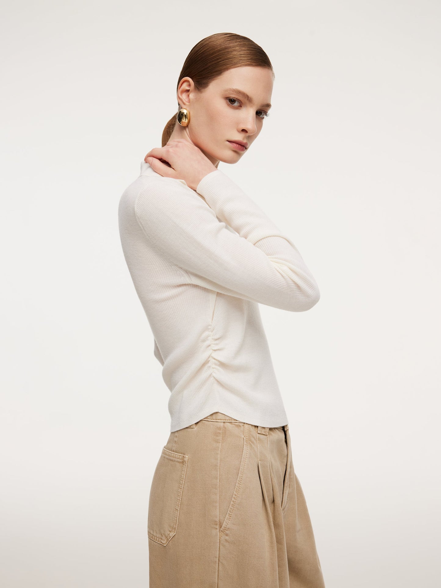 100% Wool V-Neck Ruched Women Polo Knit Top
