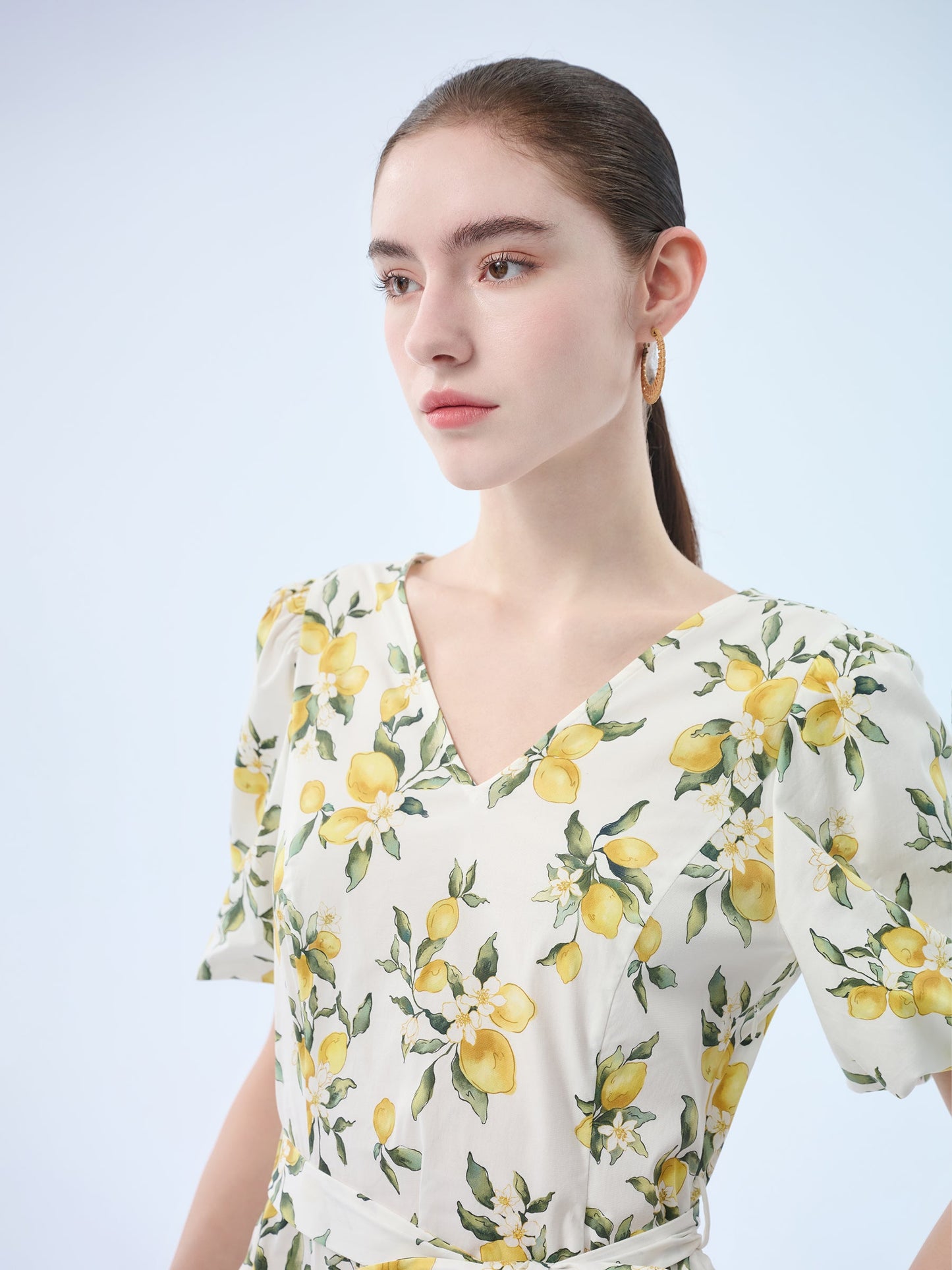 Cotton Lemon Print V-Neck Women Belted Midi Dress