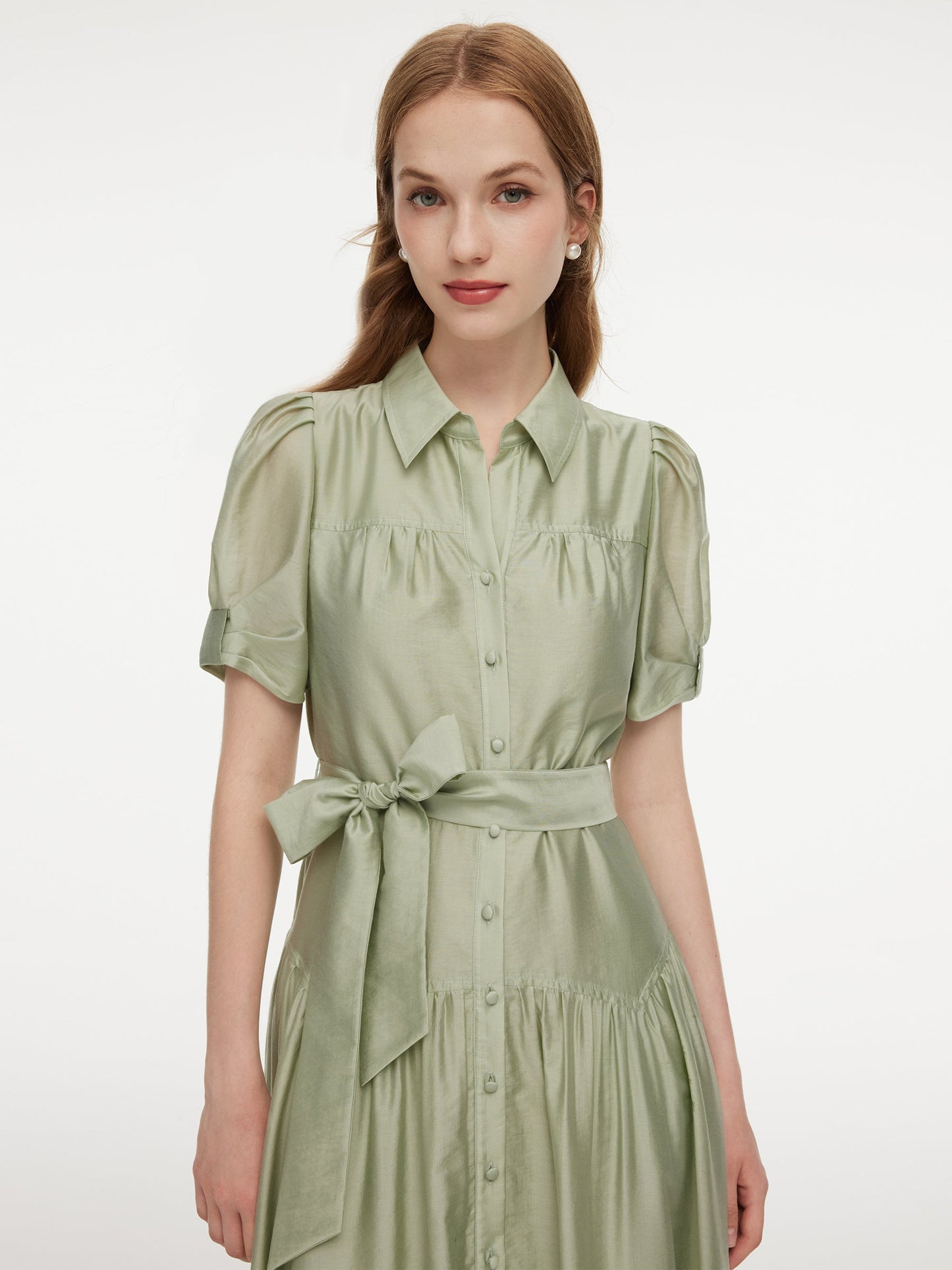 Tencel Blend Puff Sleeve Women Belted Maxi Shirt Dress