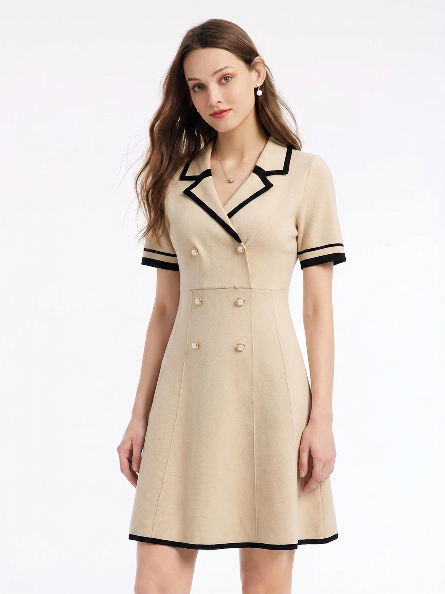Tencel Blend Contrast Trim Women Lapel Knit Mini Dress