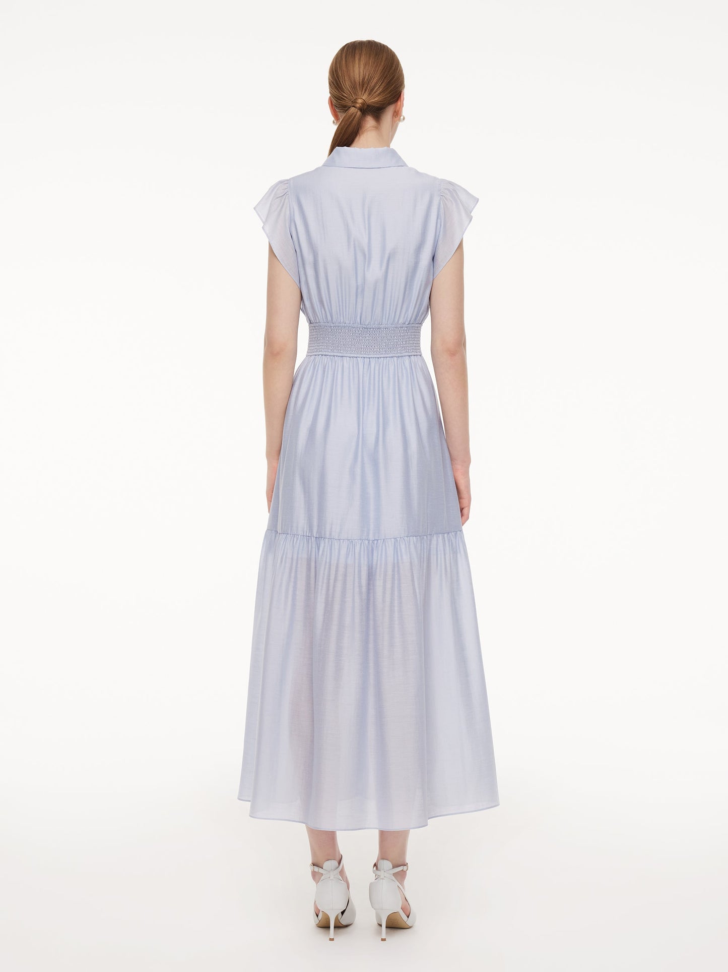 Tencel Acetate Blend Ruffle Cap Sleeve Women Maxi Dress With Ribbon