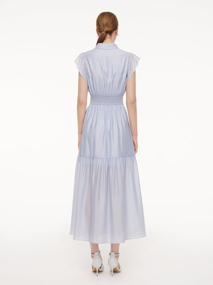 Tencel Acetate Blend Ruffle Cap Sleeve Women Maxi Dress With Ribbon