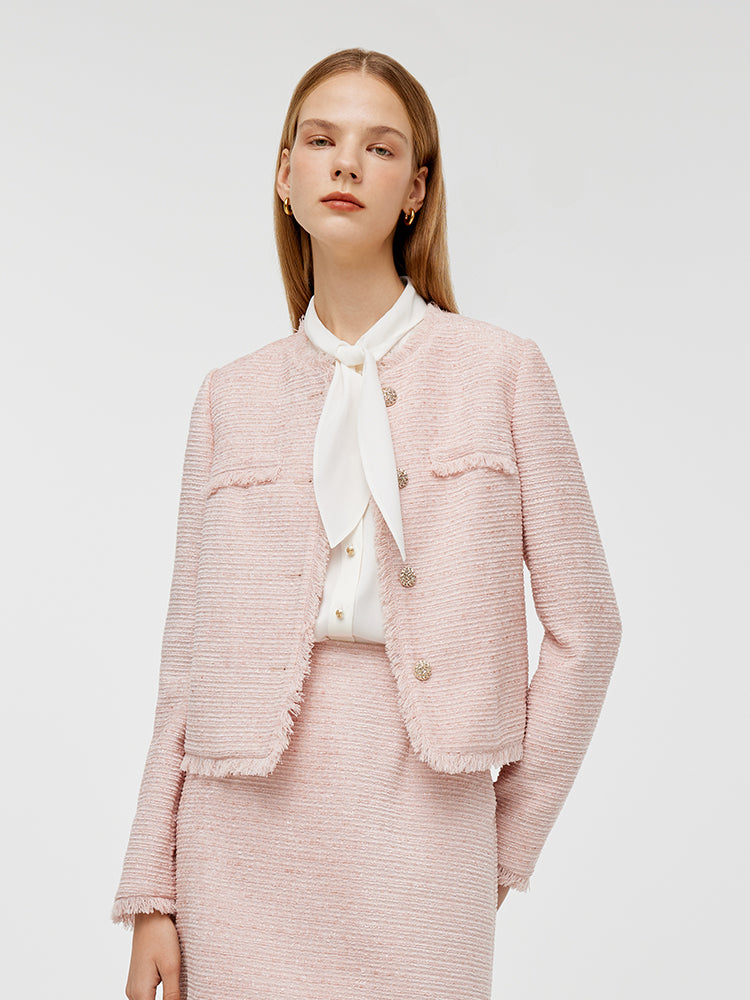 Tweed Collarless Women Crop Jacket