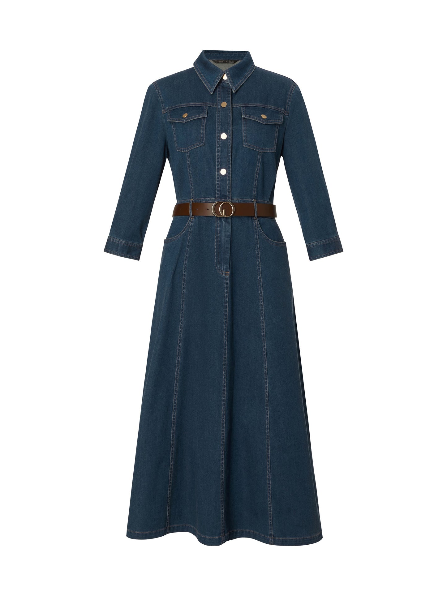 Denim Gathered Waist Women Maxi Dress With Belt