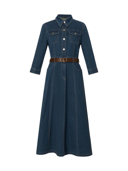Denim Gathered Waist Women Maxi Dress With Belt