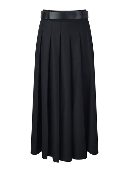 100% Wool Side Slit Women Pleated Skirt With Belt