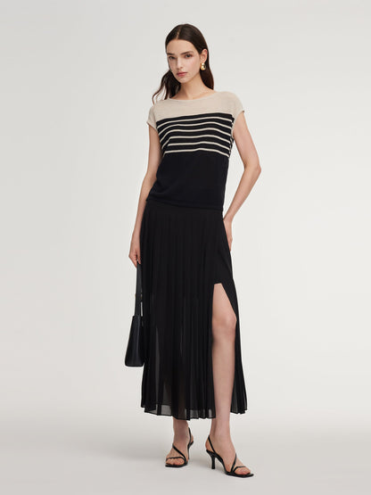 Adjustable Waist Side Slit Women Pleated Skirt