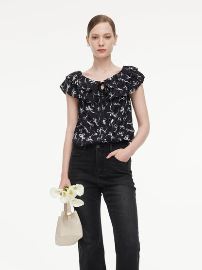 Jacquard Ribbon Print Tie Front Women Ruffle Blouse
