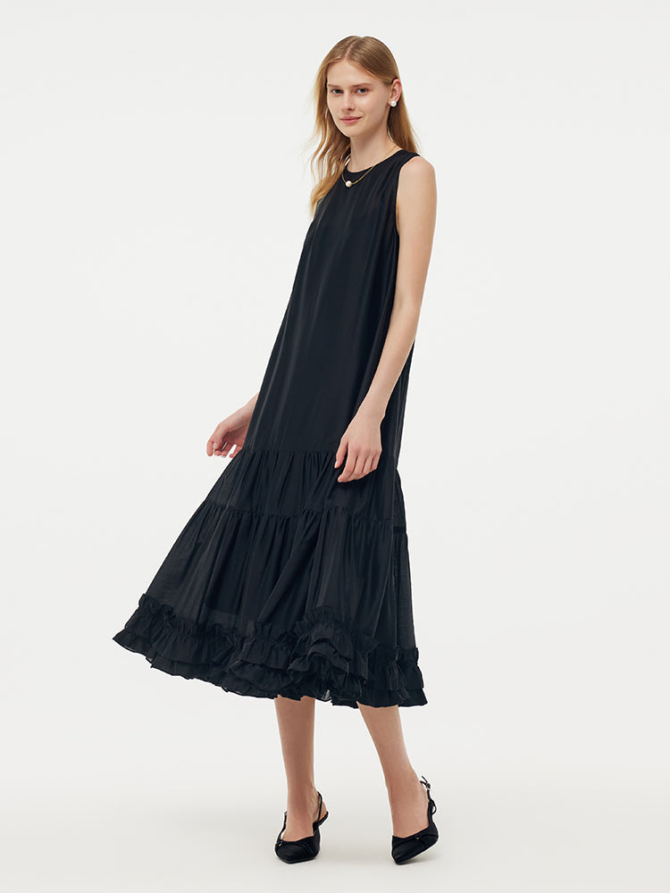 Tencel Ruffle Hem Women Tiered Vest Midi Dress With Slip Dress And Belt