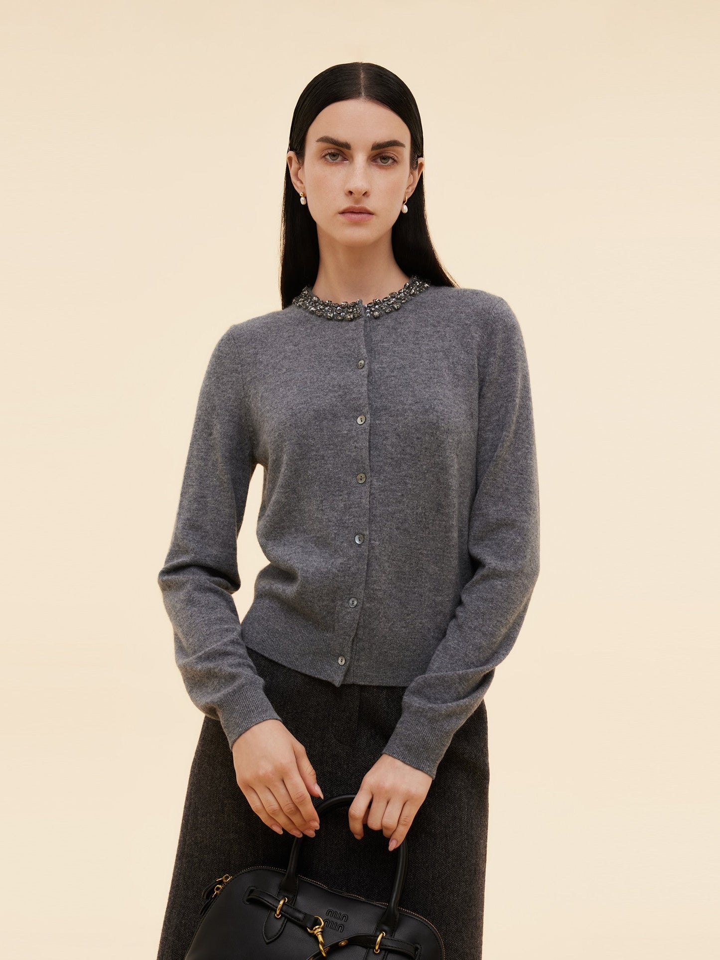 100% Wool Beaded Round Neck Women Cardigan