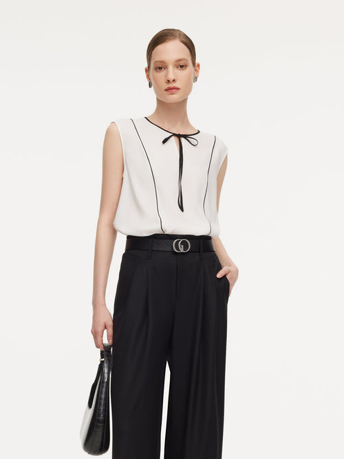 Acetate Blend Tie Front Contrast Trim Women Tank Top