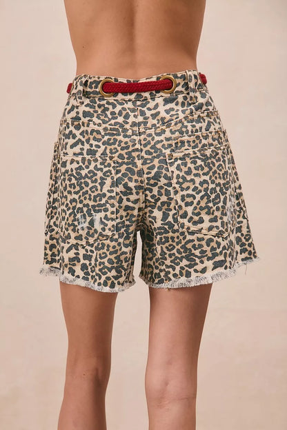 BiBi Braided Waist Belt Patch Pockets Leopard Print Shorts