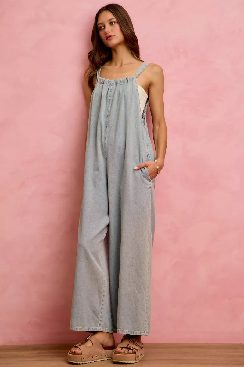SO ME Wide Leg Lightweight Denim Overalls