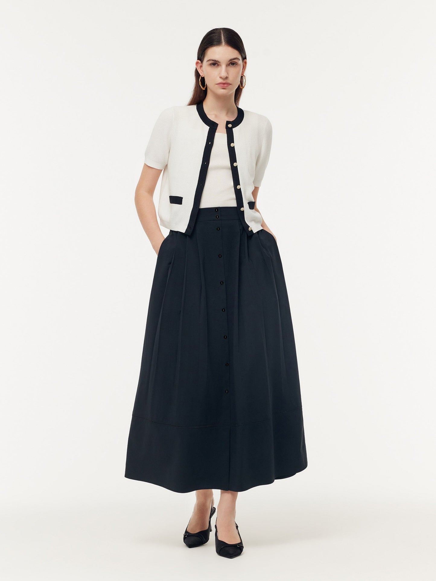 A Line Elastic Waist Pleat Women Maxi Skirt