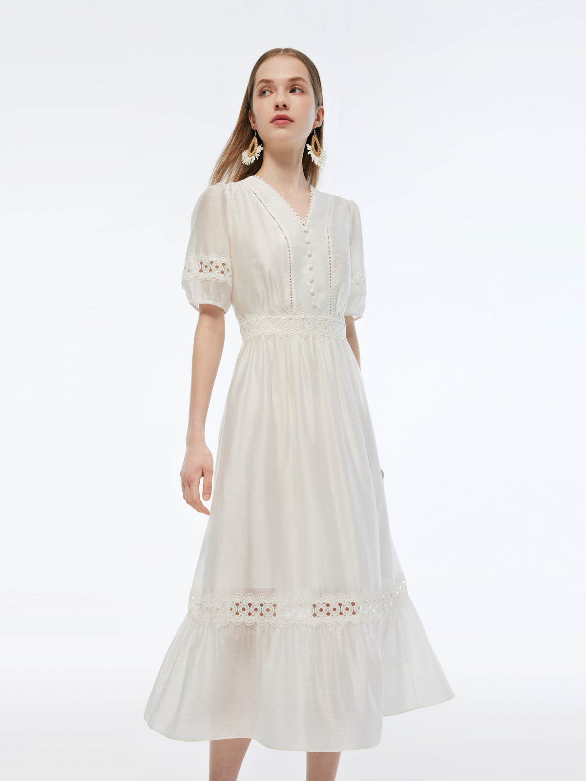 Tencel Blend Patchwork Lace Women Maxi Dress