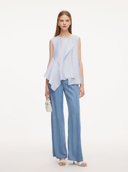 Lyocell Blend Light Blue Ruffle-Detailing Women Tank Top