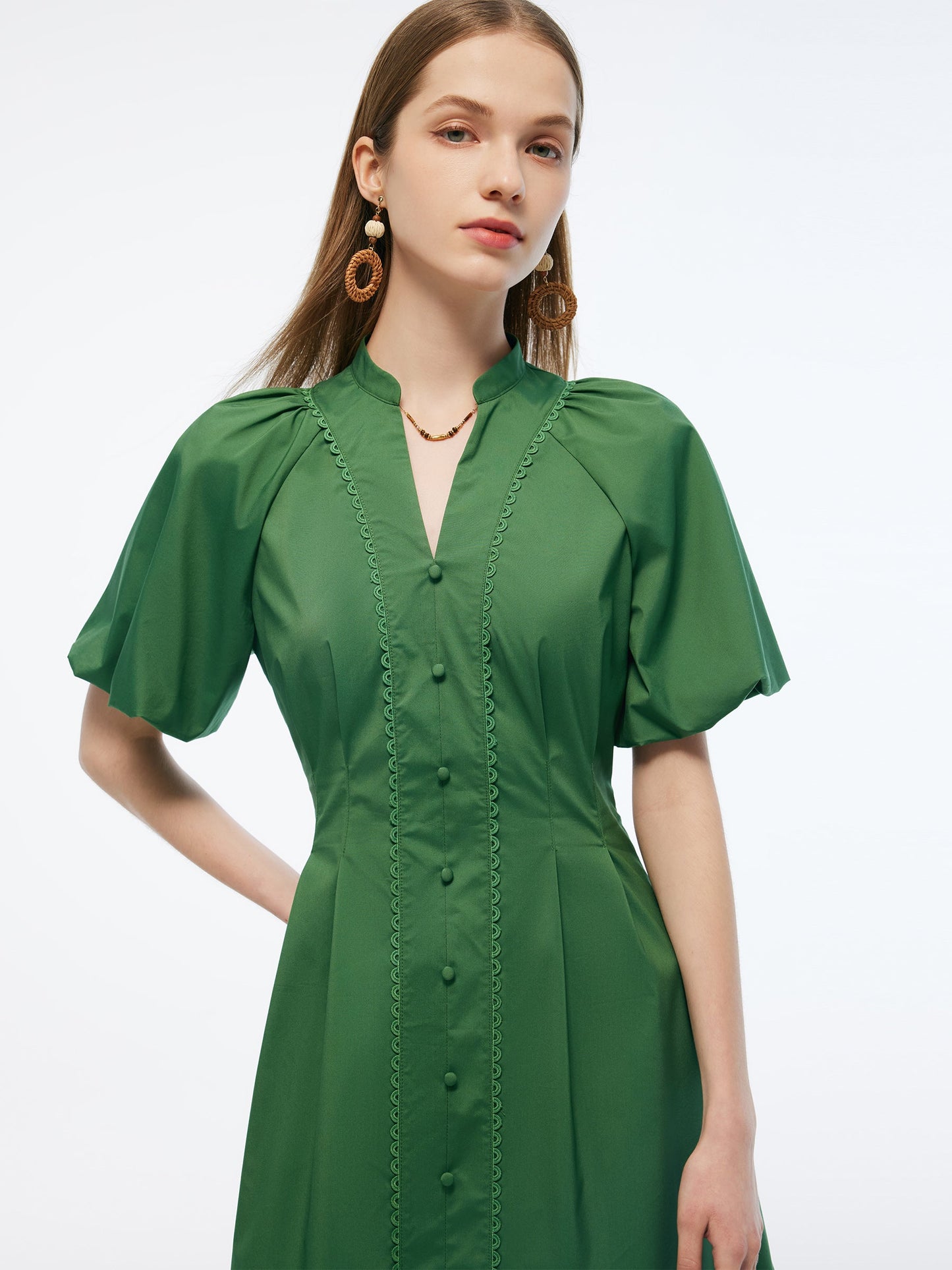 Gathered Waist Puff Sleeve Women Midi Dress