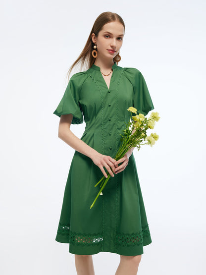 Gathered Waist Puff Sleeve Women Midi Dress