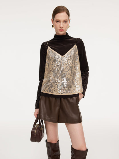 Lace Sequins Camisole And Velvet Knit Top Two-Piece Set