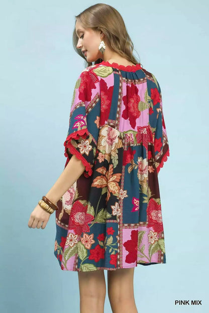 Umgee Abstract Print V-Neck Mini Dress
