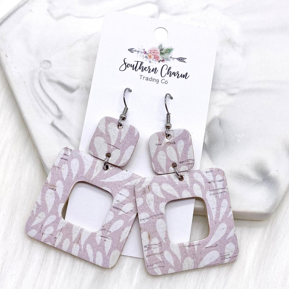 Light Lilac Rain Drop Square Corky Earrings