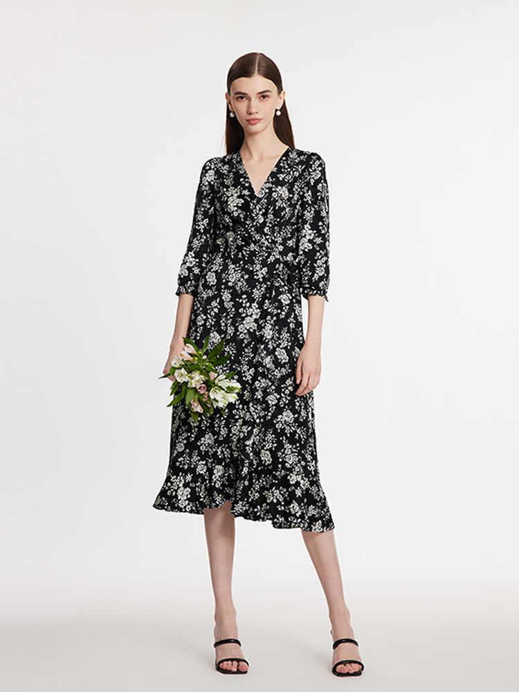 Camellia Print V-Neck Ruffle Hem Women Midi Wrap Dress