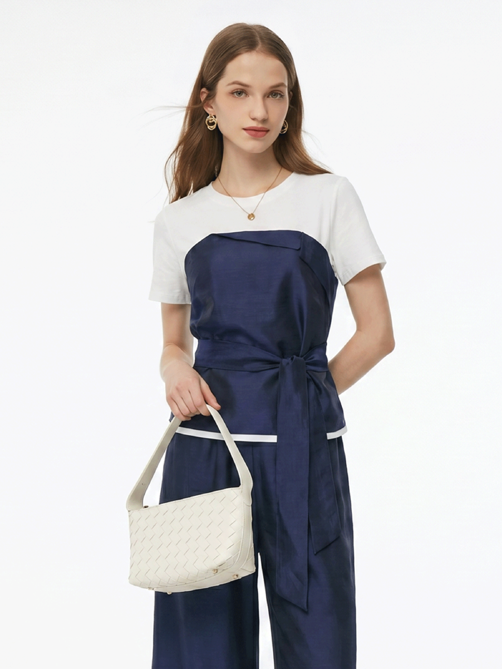 Tencel Blend Patchwork Top And Pants Two-Piece Set