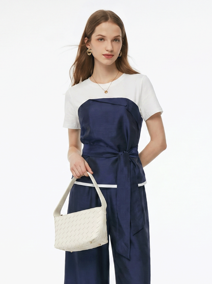 Tencel Blend Patchwork Top And Pants Two-Piece Set