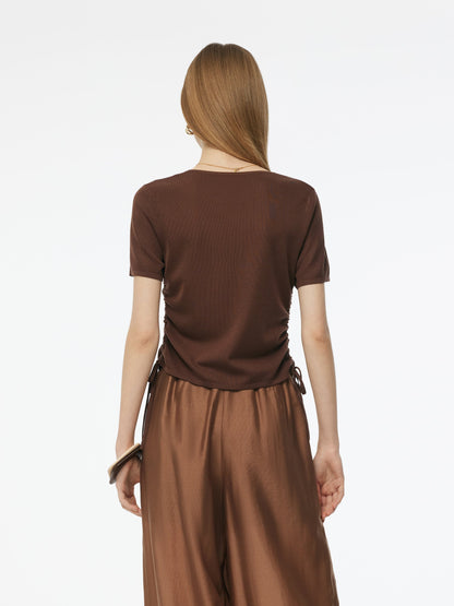 Acetate Tencel Blend Side Drawstring Women Knit Top