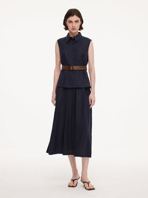 100% Linen Sleeveless Blouse And Skirt Two-Piece Set With Braided Belt