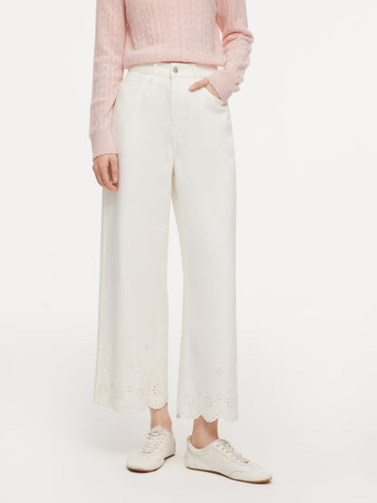 100% Cotton Denim Embroidered Women Wide Leg Jeans