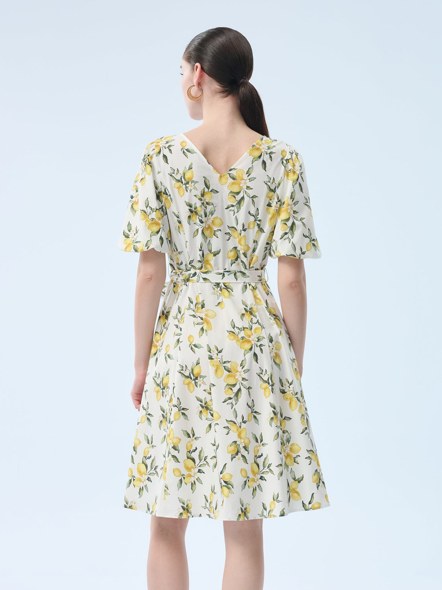 Cotton Lemon Print V-Neck Women Belted Midi Dress